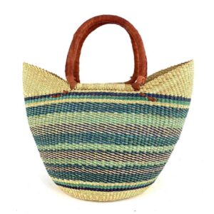 woven-market-basket-standard-543-binta-bashiri-2 Front view of the classic market basket with soft, cool-toned stripes below a natural rim