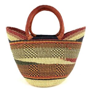 woven-market-basket-standard-546-jabari-bashiri-2 Front view of the classic market basket with checked bands and a wave pattern in warm, earthy tones