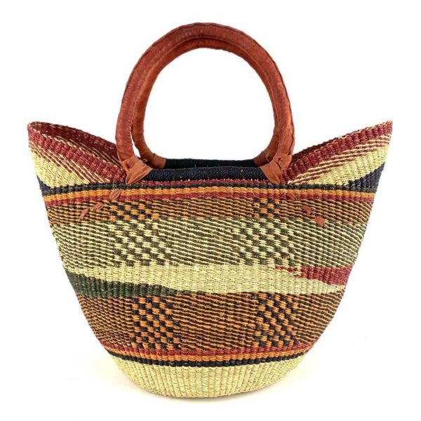 woven-market-basket-standard-546-jabari-bashiri-2 Front view of the classic market basket with checked bands and a wave pattern in warm, earthy tones