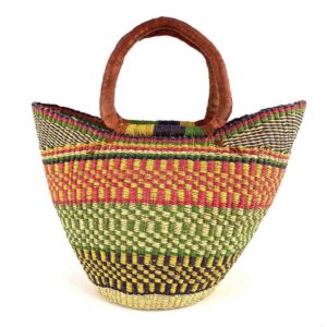 woven-market-basket-standard-548-kito-bashiri-2 Front view of the classic market basket with stripes and checked bands in warm and fresh tones