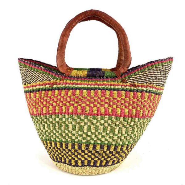 woven-market-basket-standard-548-kito-bashiri-2 Front view of the classic market basket with stripes and checked bands in warm and fresh tones